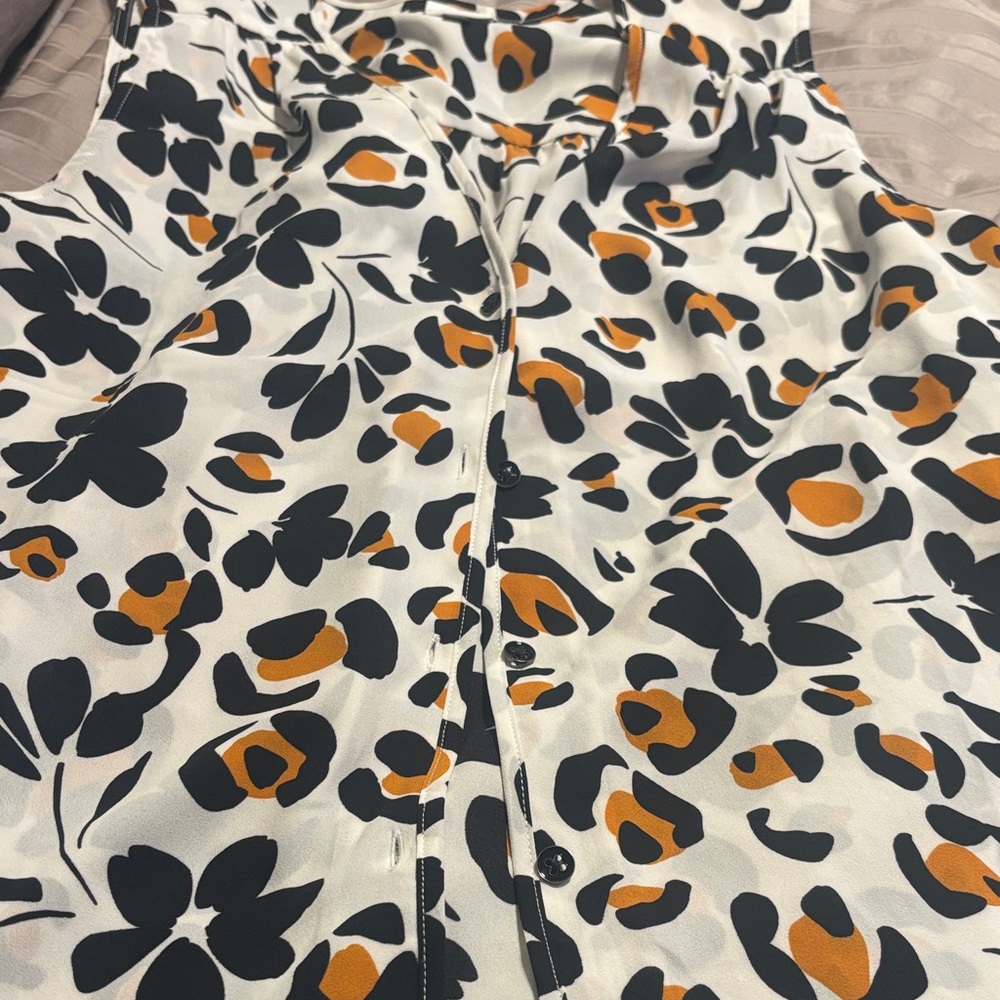 CAbi Floral Button-Front Shell in White, Black & Mustard